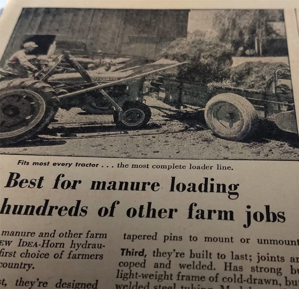 Nebraska Farmer magazine article from 1956 about the New Idea-Horn hydraulic loader 