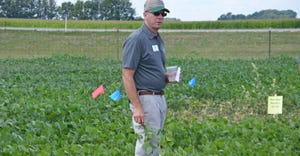 Jeff Nagel stands in soybeans plots 