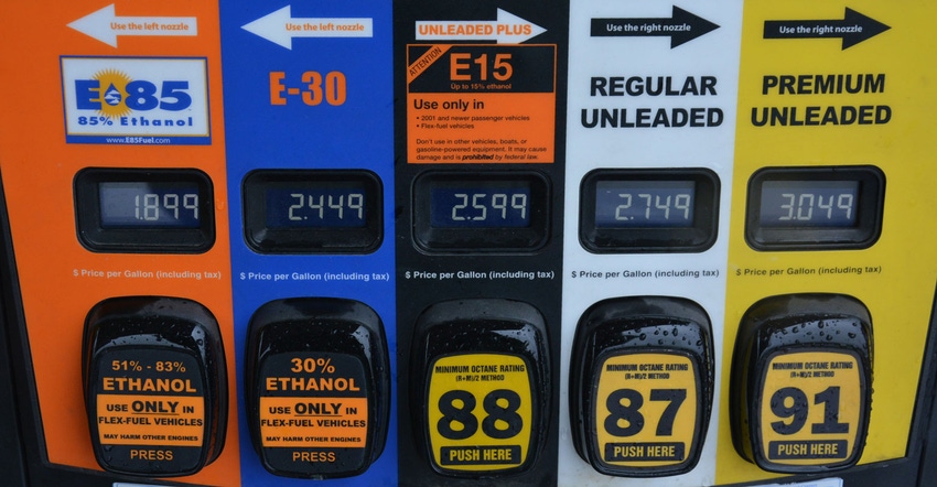 Close up of a gas pump with E-85, E-30 and E-15 fuel options