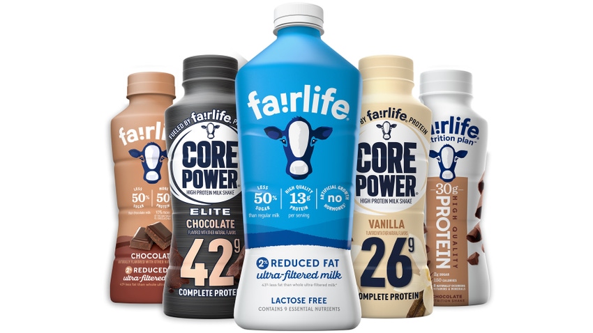 various Fairlife milk products on white background
