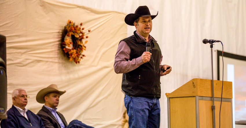South Dakota Angus cattleman Britton Blair speaks at the 2019 Range Beef Cow Symposium in Mitchell, Neb. 