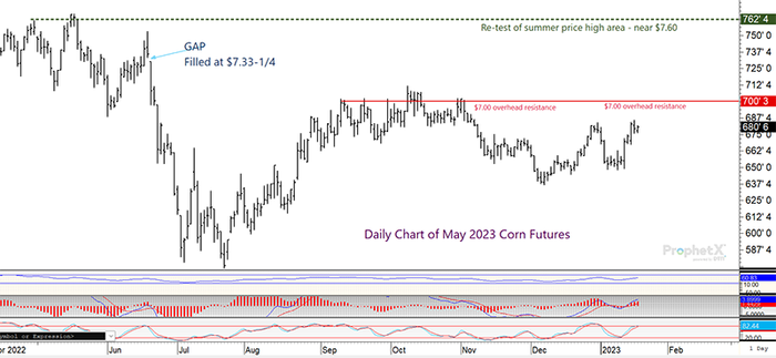 Daily corn futures chart with targets