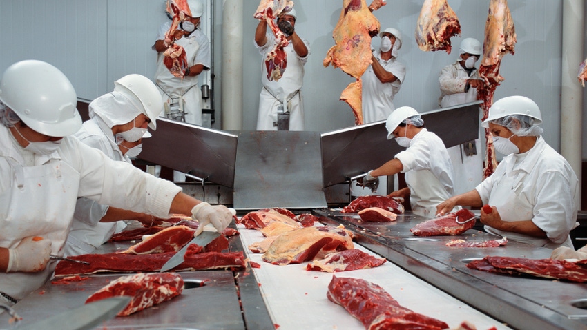 Butchers processing meat