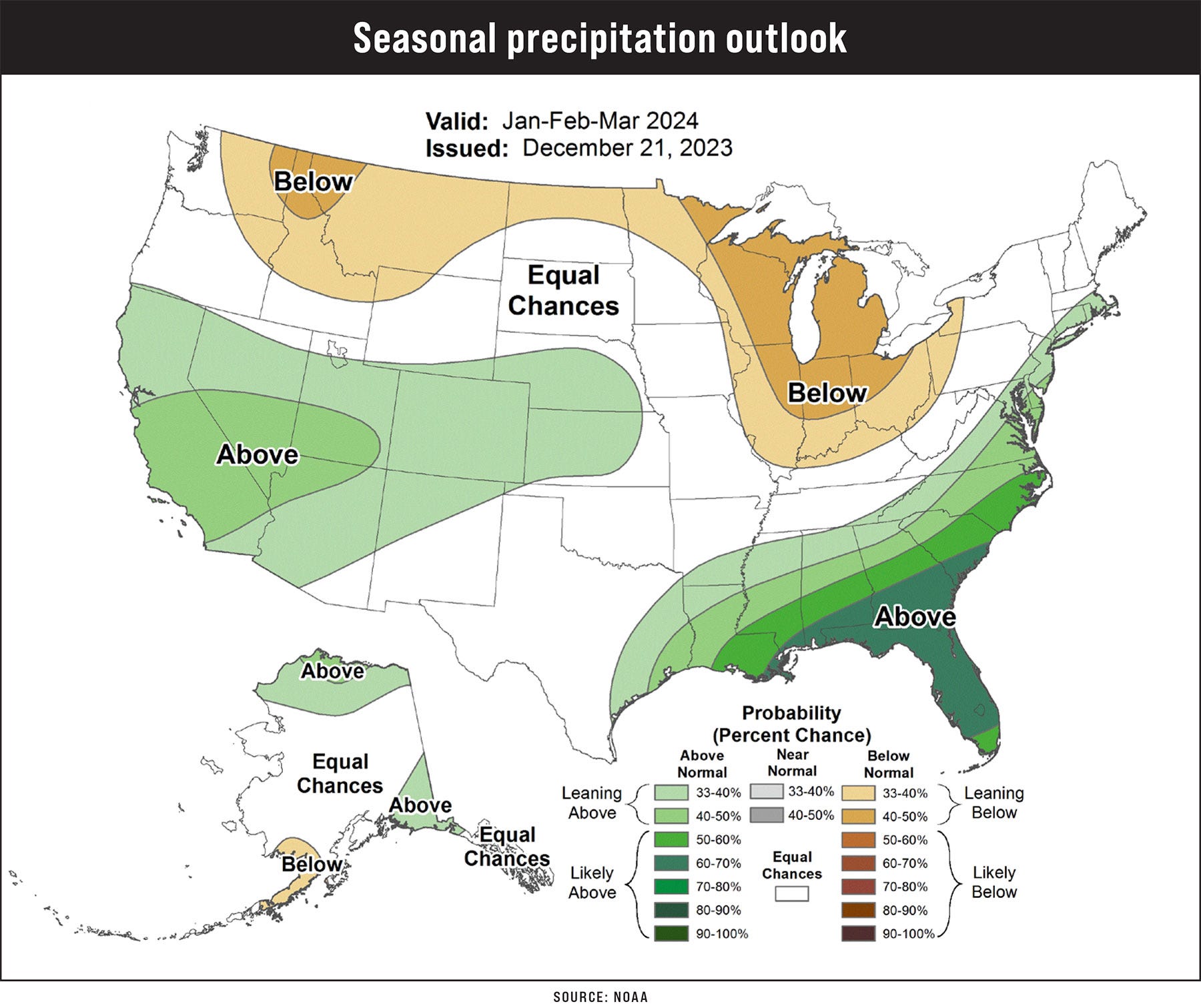 A colored map illustrating seasonal precipitation outlook in the United States