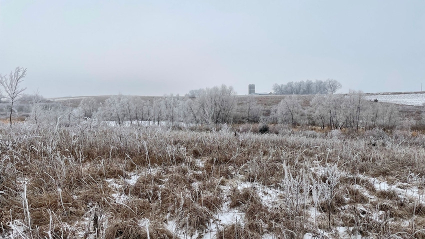 field covered lightly with snow