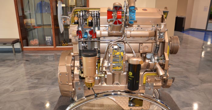 John Deere engine on display in the lobby of the Vincennes University Agricultural Center 