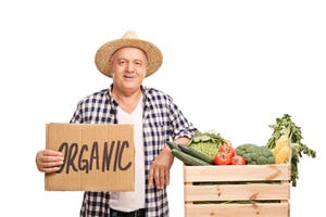 Man holding sign that reads 'organic' standing next to basket filled with vegetables