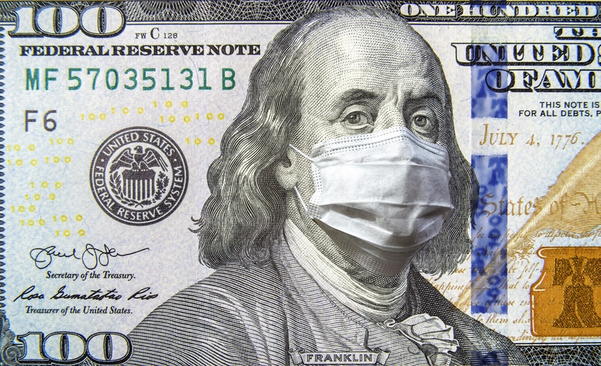 $100 bill with facemask. COVID-19 coronavirus in USA, 100 dollar money bill with face mask. Coronavirus affects global stock 