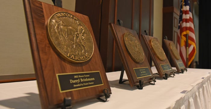 Master Farmer plaques on display at the Prairie Farmer Master Farmer luncheon March 17, 2022