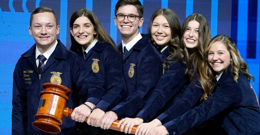 2022-23 National FFA Officer team includes Andrew Seibel, Jessica Herr, Ryan Williamson, McKenna Clifton, Karstyn Cantrell, a