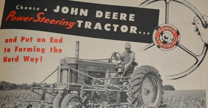 Ad in Kansas Farmer from 1956 when John Deere added power steering to its latest tractor models 