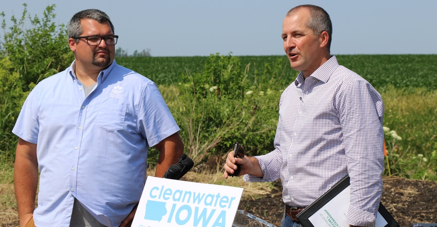 Johnathon Swanson and Mike Naig at an event kicking off the Central Iowa water quality infrastructure project