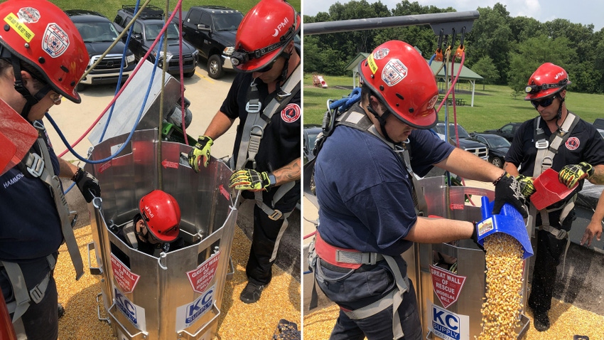 Fire department simulation of a grain tube rescue Fire department simulation of a grain tube rescue