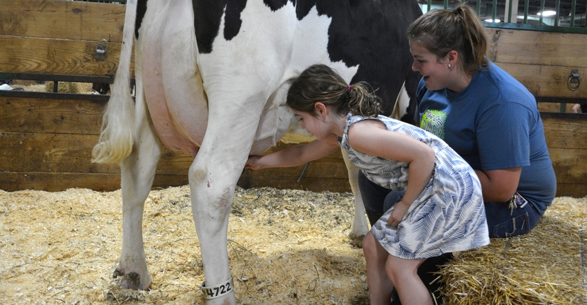 woman and llittle girl milking a dairy cow