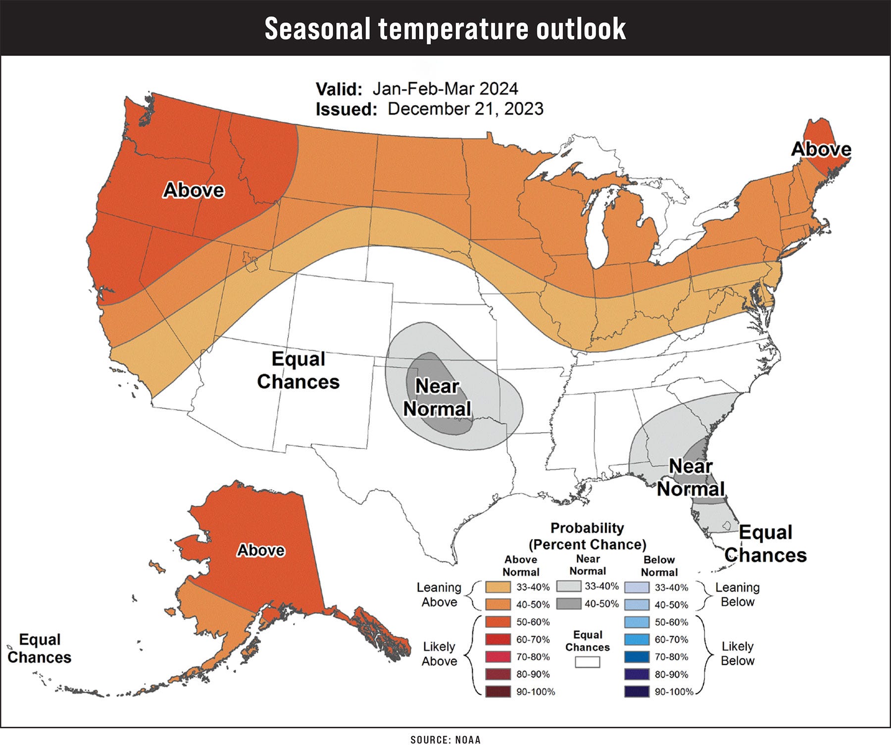 A colored map illustrating seasonal temperature outlook in the United States