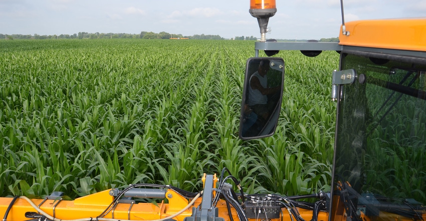 view from sprayer cab in cornfield