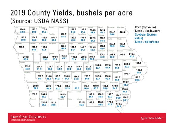 2019 County Yields, bushels per acre  map