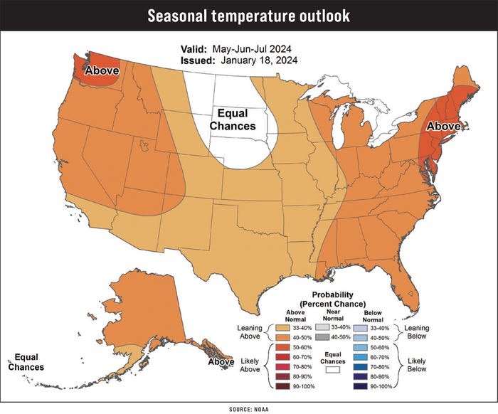 A map illustrating the seasonal temperature outlook in the United States for May, June and July 2024