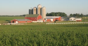 Farm, silos and corn field