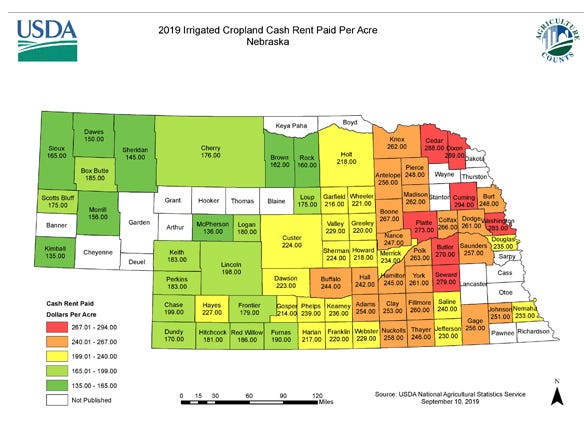 Figure 2. 2019 Nebraska irrigated cropland cash rent paid per acre map