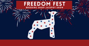Illustration of the Freedom Fest breeding sheep jackpot show logo of a sheep with red, white, and blue stars and fireworks