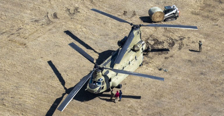 A Nebraska National Guard CH-47 Chinook helicopter lands in a field to deliver hale bales to cattle stranded by flooding