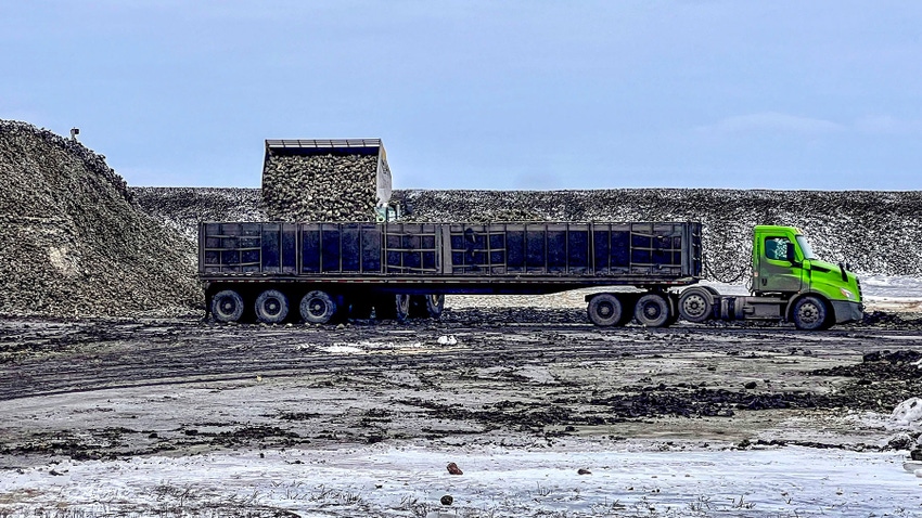  semitruck being loaded with sugarbeets