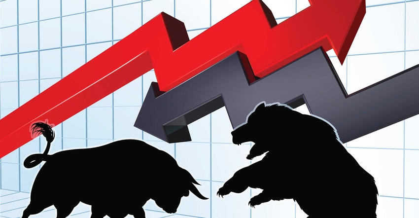 Bull versus a bear characters in silhouette with stock market or profit graph in the background