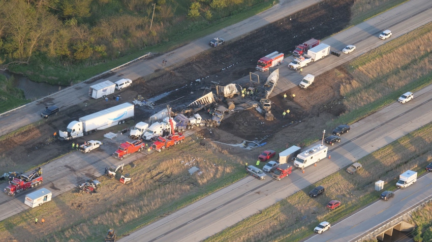 aerial view of major traffic accident on interstate