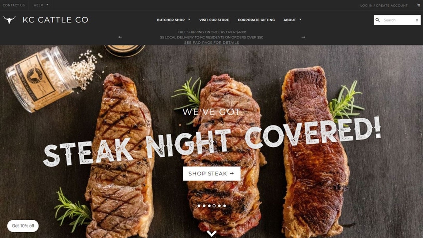 A screen grab of the KC Cattle Company website homepage with a photo of steak cuts