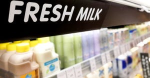 Fresh Milk signage at the fresh chiller refrigerated section of supermarket 