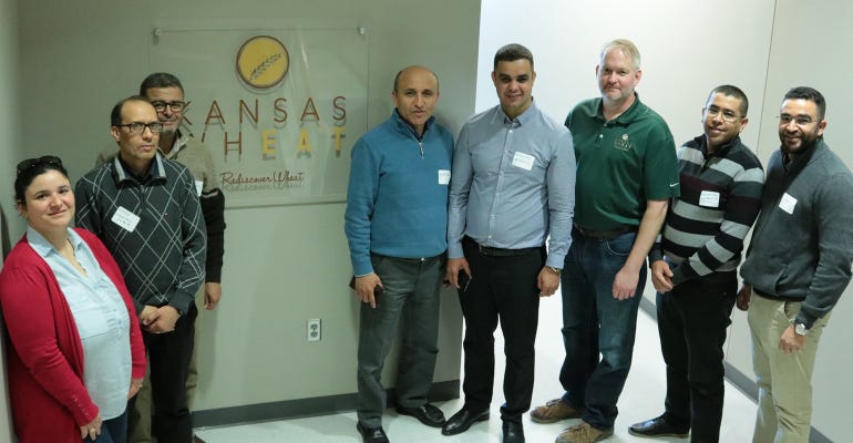 Kansas Wheat Vice President of Research and Operations Aaron Harries, third from left, visited with wheat buyers from Morocco and Tunisia during their visit to the Wheat Innovation Center in Manhattan. The group also visited grain handling operations in T