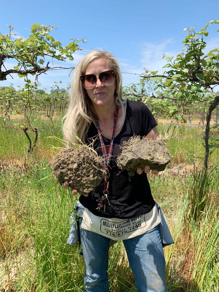 Jennifer Phillips Russo holds soil samples in each hand