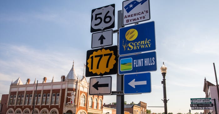 Road signs in small town in Kansas