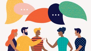 Illustration of people talking with colorful speech bubbles