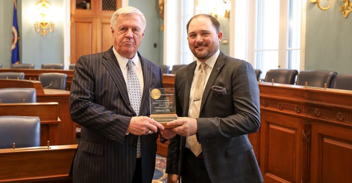 House Agriculture Committee Chairman Collin Peterson, (D-MN), left, receives the Sorghum Congressional Award from NSP Chairman, Dan Atkisson during a Washington, D.C. Fly-In. Peterson was recognized for his work in crafting the 2018 Farm Bill