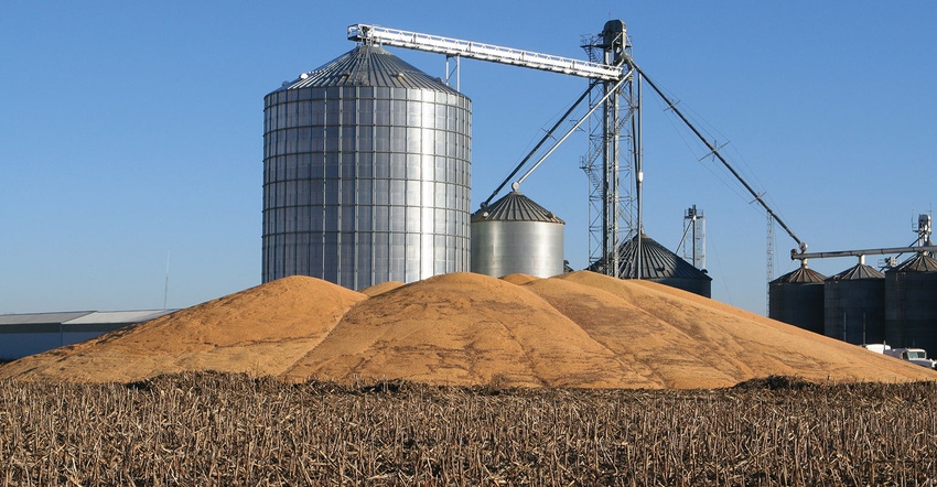 Grain bins with corn piles