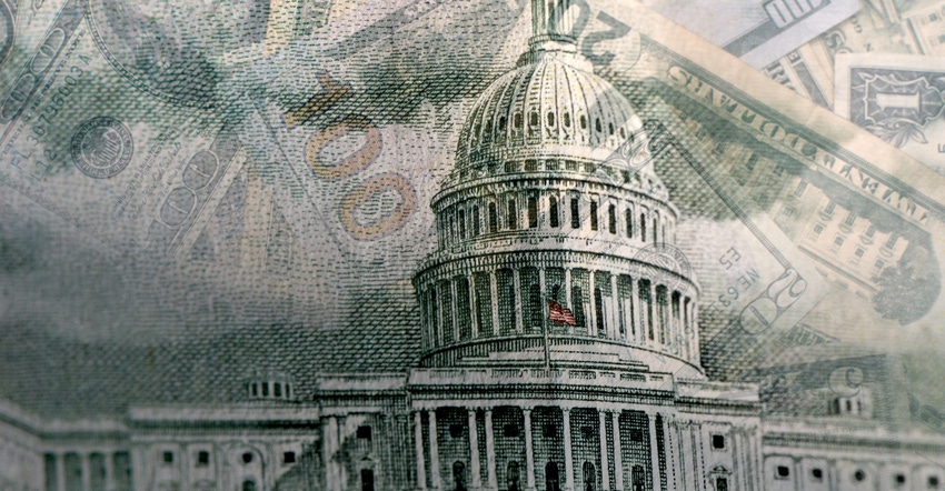 illustration of U.S. Captiol with American money illustrations collaged in background