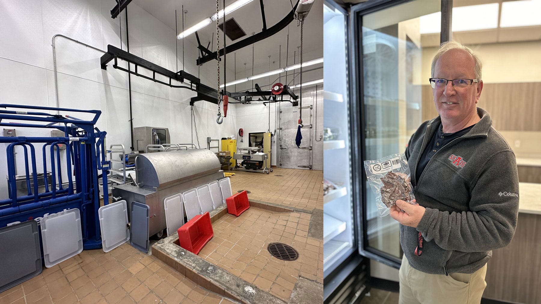 Left: View inside meat laboratory located at Arkansas State University. Right: Mickey LaTour, college of ag dean, holding product for sale in A-State indoor market.