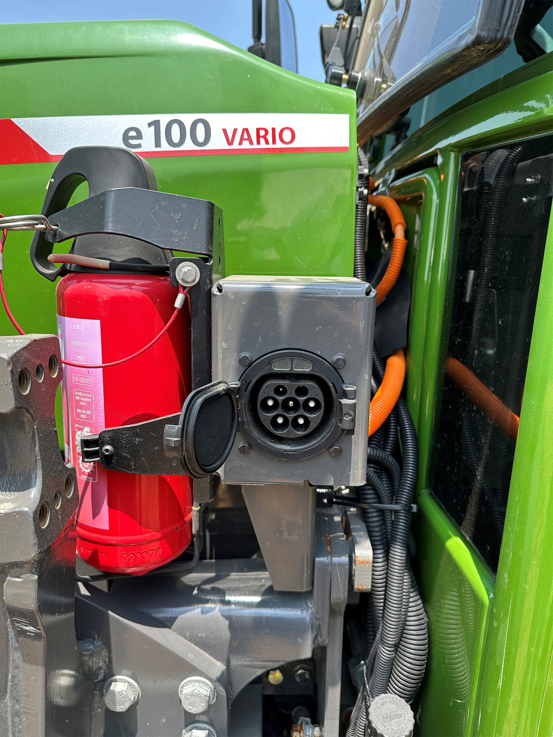 close-up of charging unit on Fendt e100 tractor