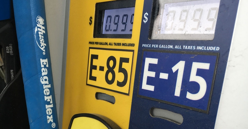 Closeup of E85 and E15 options at the pump
