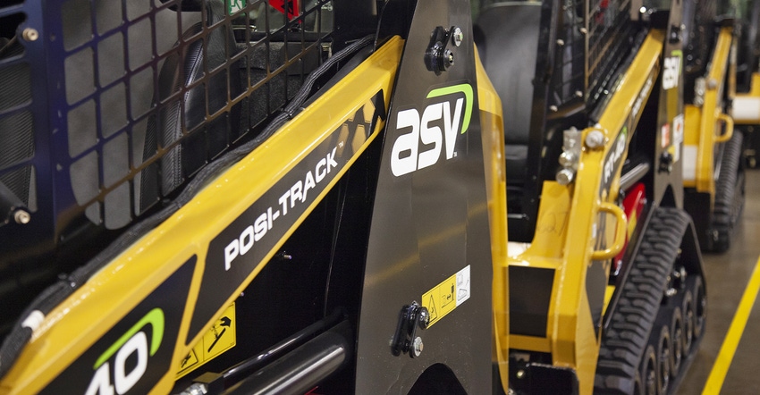 ASV compact track loader displays the company’s name and logo