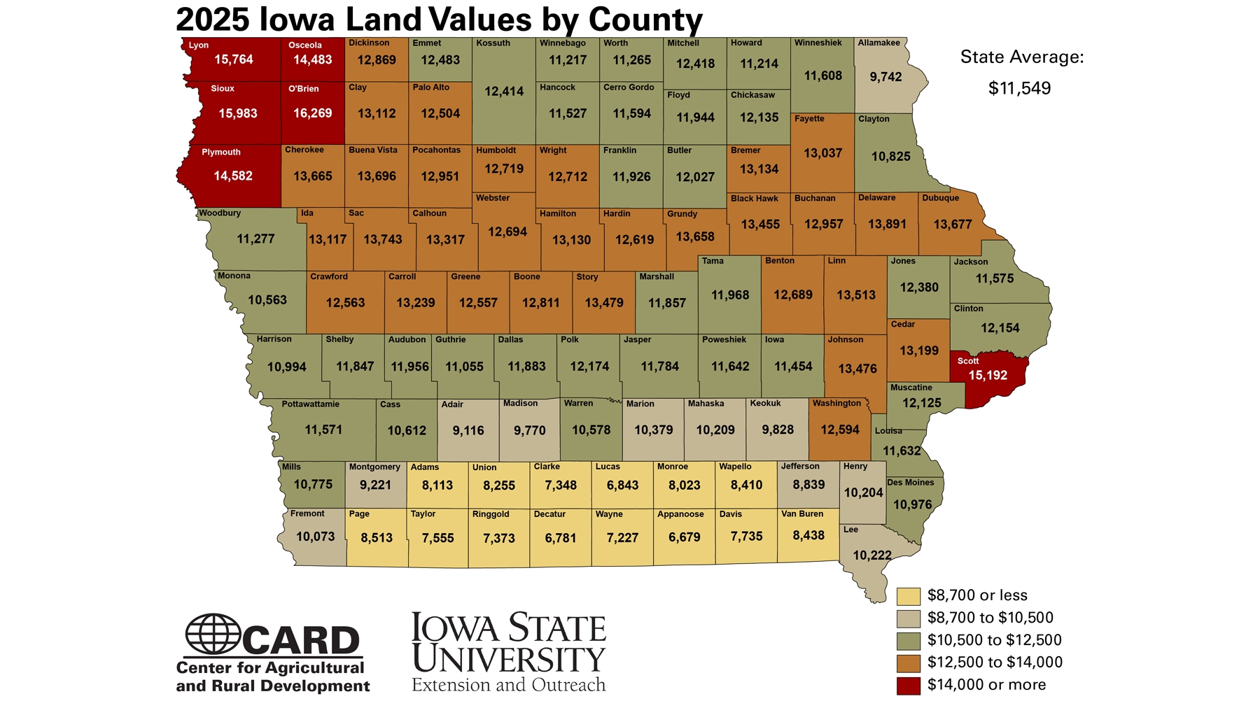 Iowa land values by county map