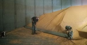 Person cleaning out a grain bin. 