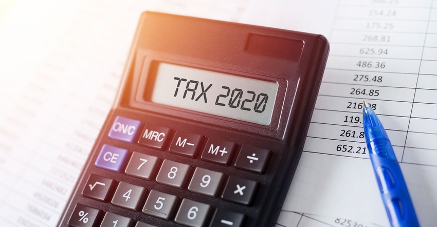 A calculator display reads 'TAX 2020'