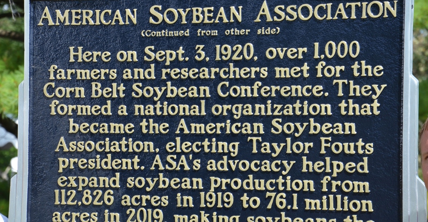 sign marking where American Soybean Association began in Carroll County, Ind.