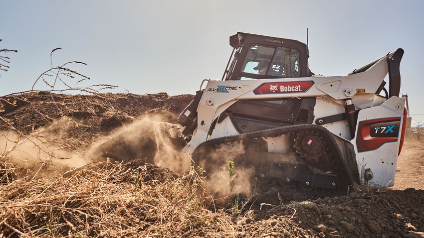 Bobcat all-electric T7X compact track loader moving dirt