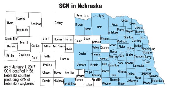 A map of 2017 soybean cyst nematodes had been confirmed in 58 Nebraska counties 