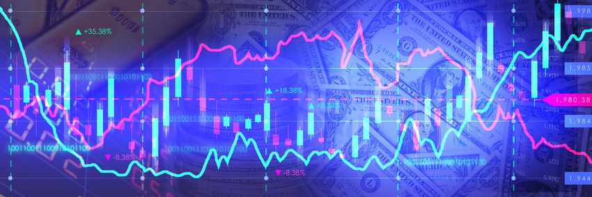 Abstract financial graph with gold and dollars line charts candle sticks and bar chart of stock market 