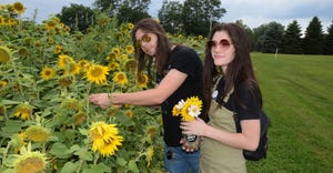 Mazzy Fischer and Bragi Hildegard picking sunflowers